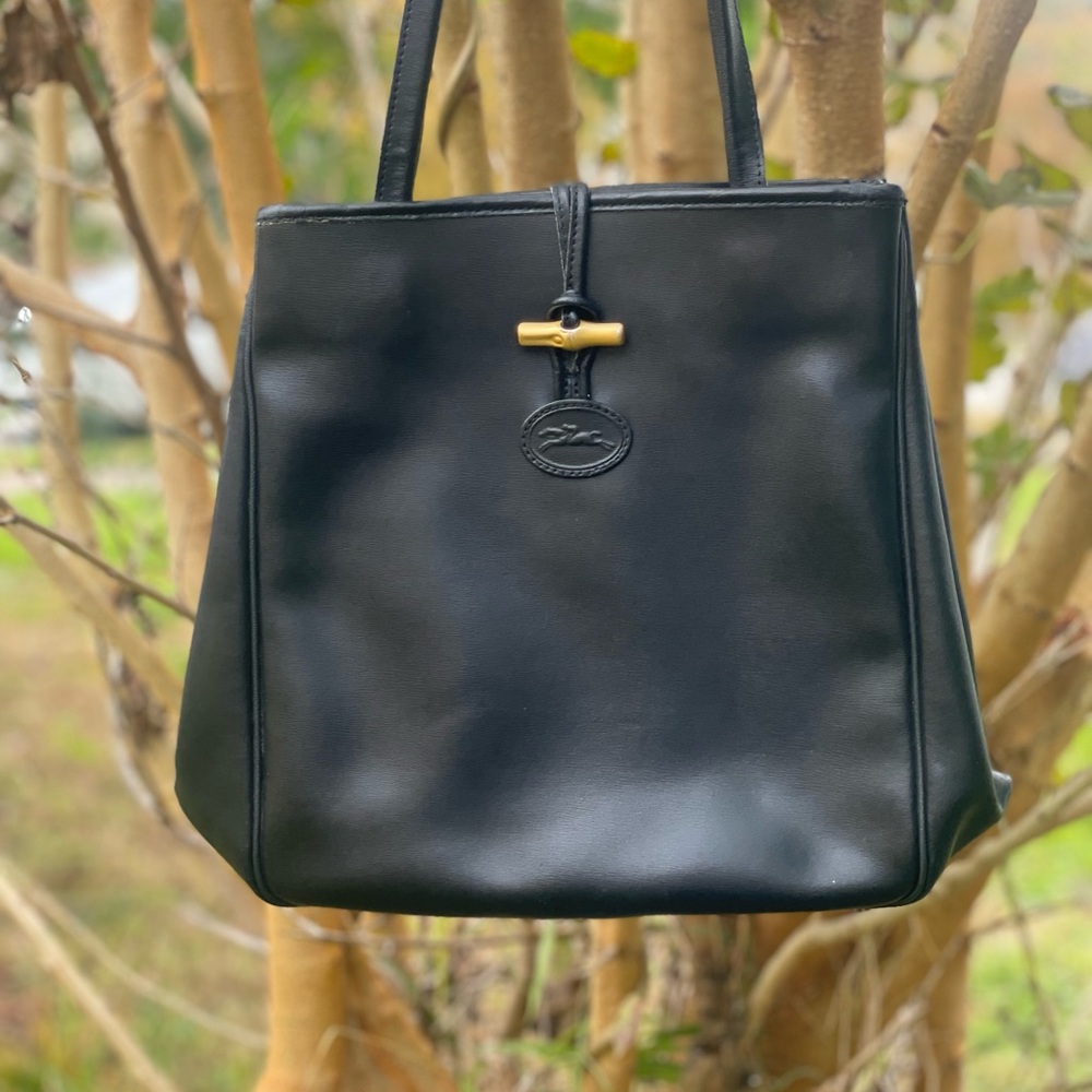 Longchamp bamboo  Black Leather Tote Bag Rare excellent condition